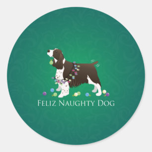 Pegatina Redonda Brown Springer Spaniel Dog Feliz Perro travieso
