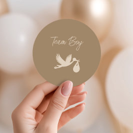 Pegatina Redonda Brown Stork Baby Delivery Gender Reveal Team Boy