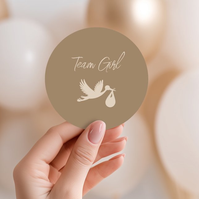 Pegatina Redonda Brown Stork Baby Delivery Gender Reveal Team Girl (Subido por el creador)