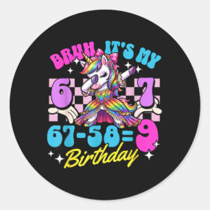 Pegatina Redonda Bruh 67-589 Cumpleaños 9 Unicornio Niña Haciendo D
