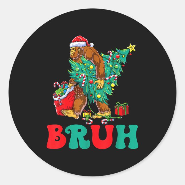 Pegatina Redonda Bruh Bigfoot Christmas Funny Christmas Tree Xmas S (Anverso)