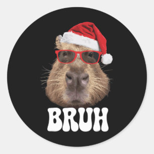 Pegatina Redonda Bruh Capybyra Funny Santa Hat Navidades