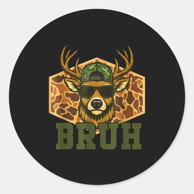 Pegatina Redonda Bruh Deer Funny Deer Hunting Camo Hat Youth Teens  (Anverso)