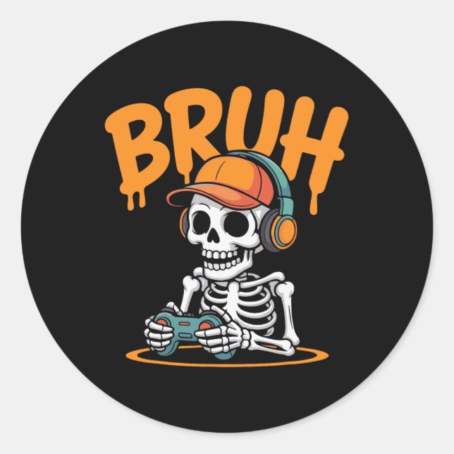Pegatina Redonda Bruh Halloween Boys Kids Gamer Mens Skeleton Video (Anverso)