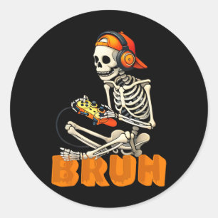 Pegatina Redonda Bruh Halloween Esqueleto Jugador Video Juegos Chic