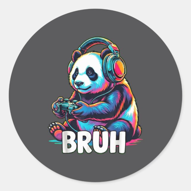Pegatina Redonda Bruh Panda Gamer With Headphones Controller  (Anverso)