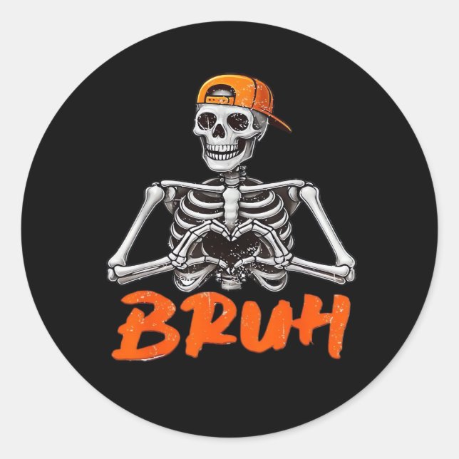 Pegatina Redonda Bruh Skeleton Hand Heart Costumes Halloween Hombre (Anverso)