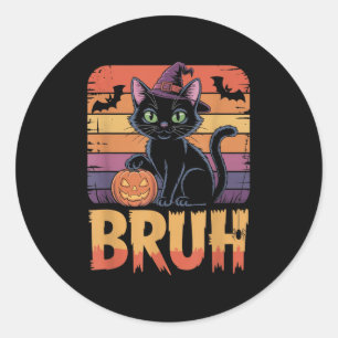 Pegatina Redonda Bruh Witch Cat Pumpkin Halloween Shirt Meme