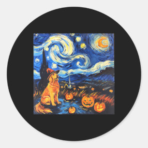 Pegatina Redonda Bruja adorable de Golden Retriever _ Halloween div