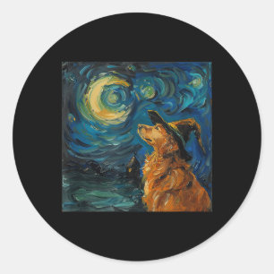Pegatina Redonda Bruja adorable de Golden Retriever _ Halloween div