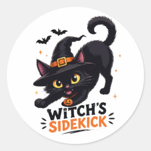 Pegatina Redonda Bruja Adorable Gato Negro Compañero Halloween