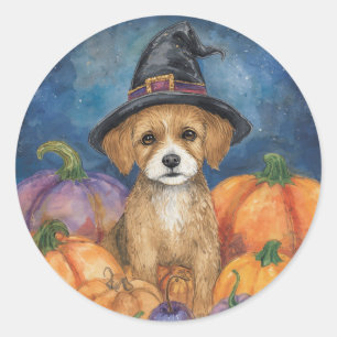 Pegatina Redonda Bruja Amante de Perros Calabaza de Halloween