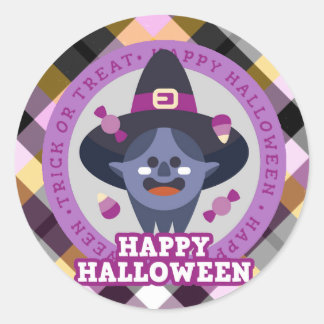 Pegatina Redonda Bruja Azul Feliz Halloween