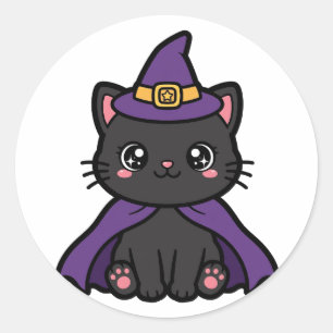 Pegatina Redonda Bruja Bonita Gato Negro Halloween