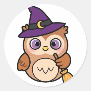 Pegatina Redonda Bruja Búho de Halloween Adorable