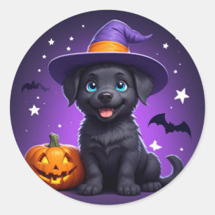 Pegatina Redonda Bruja Cachorro Gorro Halloween 🐶