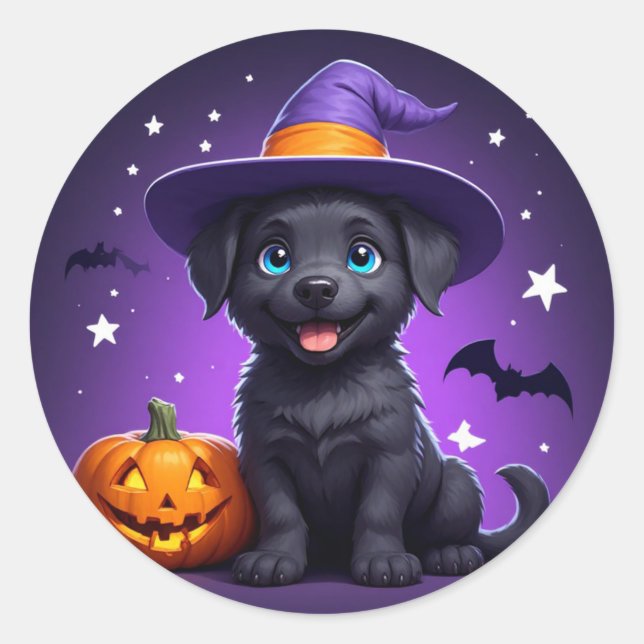 Pegatina Redonda Bruja Cachorro Gorro Halloween 🐶 (Anverso)