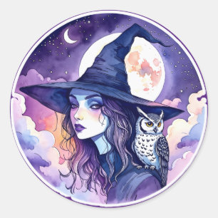 Pegatina Redonda Bruja con búho - Halloween Fan Fun 2