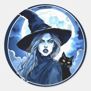 Pegatina Redonda Bruja con un Gato - Wicca Halloween 2