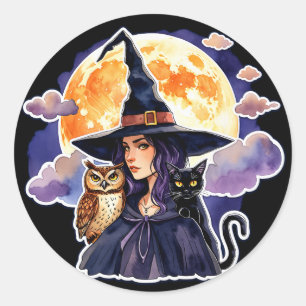 Pegatina Redonda Bruja con un gato y un búho - Halloween Fan Fun 2