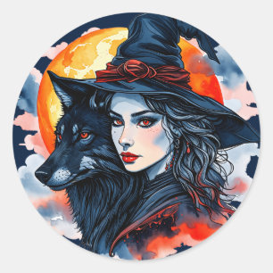 Pegatina Redonda Bruja con un Lobo - Diversión para fanáticos de Ha