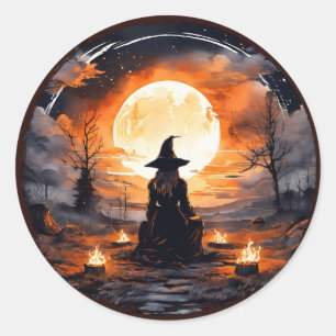 Pegatina Redonda Bruja con velas y fuego - Wicca Halloween 2