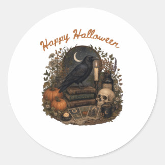 Pegatina Redonda Bruja Cuervo Gótico Halloween Cottagecore