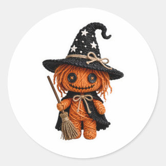 Pegatina Redonda Bruja de calabaza cosida al estilo Amigurumi con e