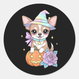 Pegatina Redonda Bruja de calabaza de Halloween cachorro Chihuahua 