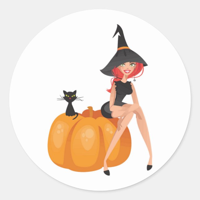 PEGATINA REDONDA BRUJA DE HALLOWEEN (Anverso)