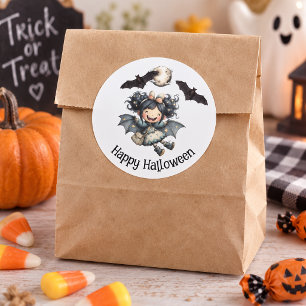 Pegatina Redonda Bruja de Halloween Adorable con Murciélagos y Luna