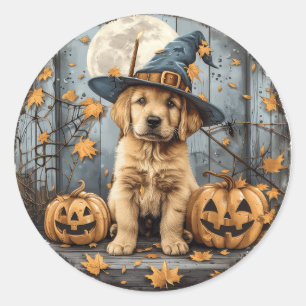 Pegatina Redonda Bruja de Halloween Cachorro Retriever Dorado Calab