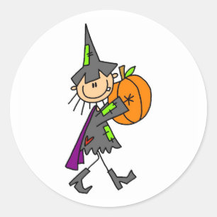 Pegatina Redonda Bruja de Halloween con calabaza