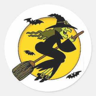 Pegatina Redonda Bruja De Halloween En Broomstick