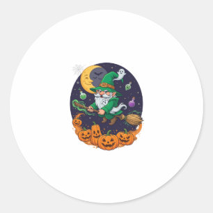 Pegatina Redonda Bruja de Halloween Gnome Escoba Calabazas Luna