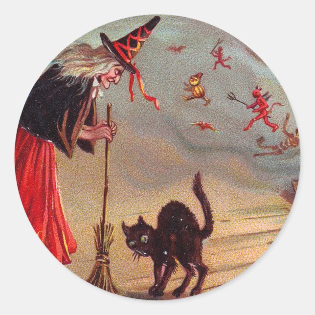 Pegatina Redonda Bruja de Halloween y gato negro (Anverso)