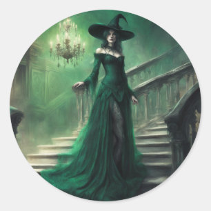 Pegatina Redonda Bruja de jade en romance de mansión gótica Hallowe
