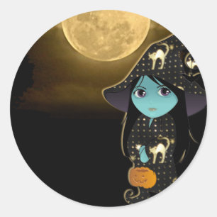Pegatina Redonda Bruja de Lil' en Halloween de Black Gold Robe