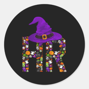 Pegatina Redonda Bruja de Recursos Humanos Disfraz de Calabaza de H