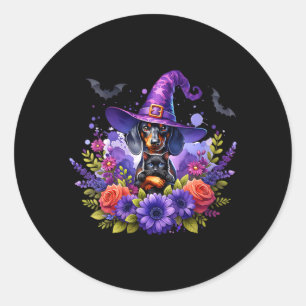 Pegatina Redonda Bruja Espeluznante de Halloween para Mujeres Perro