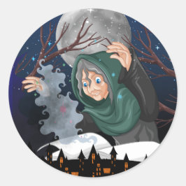 Pegatina Redonda Bruja espeluznante y casa embrujada Halloween🌙