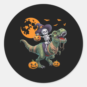 Pegatina Redonda Bruja Esqueleto Montando Dinosaurio T Rex Hallowee