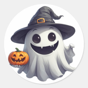 Pegatina Redonda Bruja Fantasma Adorable Con Calabaza Para Hallowee