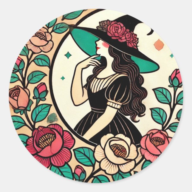 Pegatina Redonda Bruja flor (Anverso)