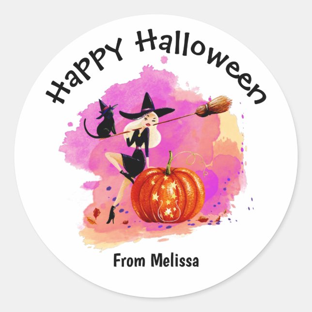 Pegatina Redonda Bruja fresca de Halloween con gato (Anverso)