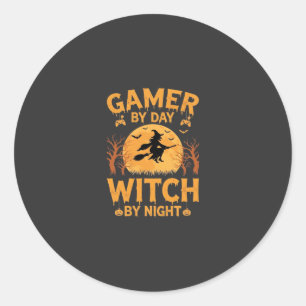 Pegatina Redonda Bruja Gamer Diseño de Halloween para Juegos