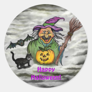 Pegatina Redonda Bruja, gato, murciélago y calabaza, ¡Feliz Hallowe