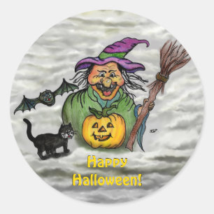 Pegatina Redonda Bruja, gato, murciélago y calabaza, ¡Feliz Hallowe