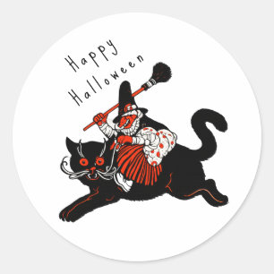 Pegatina Redonda Bruja Gato Negro Halloween Art Deco Vintage Años 2