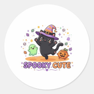 Pegatina Redonda Bruja Gato Negro Lindo Halloween